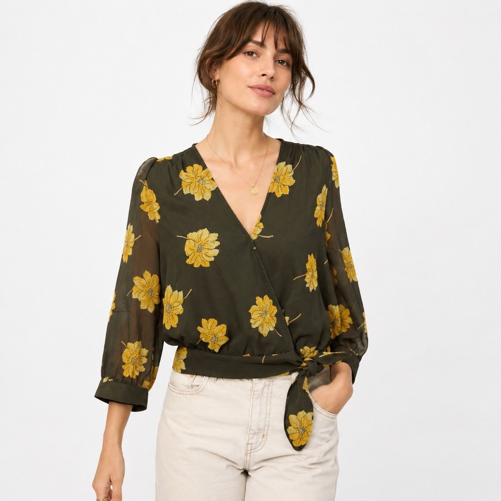 Madewell Floral Wrap Top Women Small Olive Green Yellow Sheer Sleeve Boho Blouse